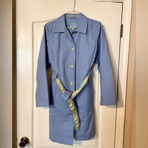 Nine West Rain Trench Coat With Belt Blue Lime Green Size L  Preppy Colorful